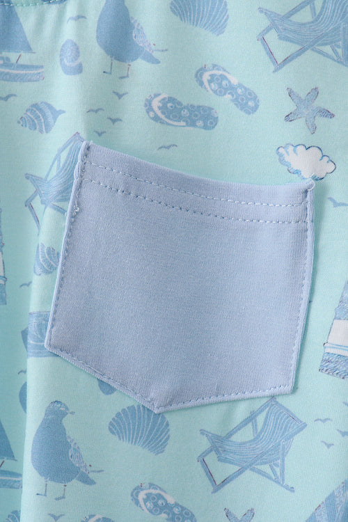 Blue beach print pocket top