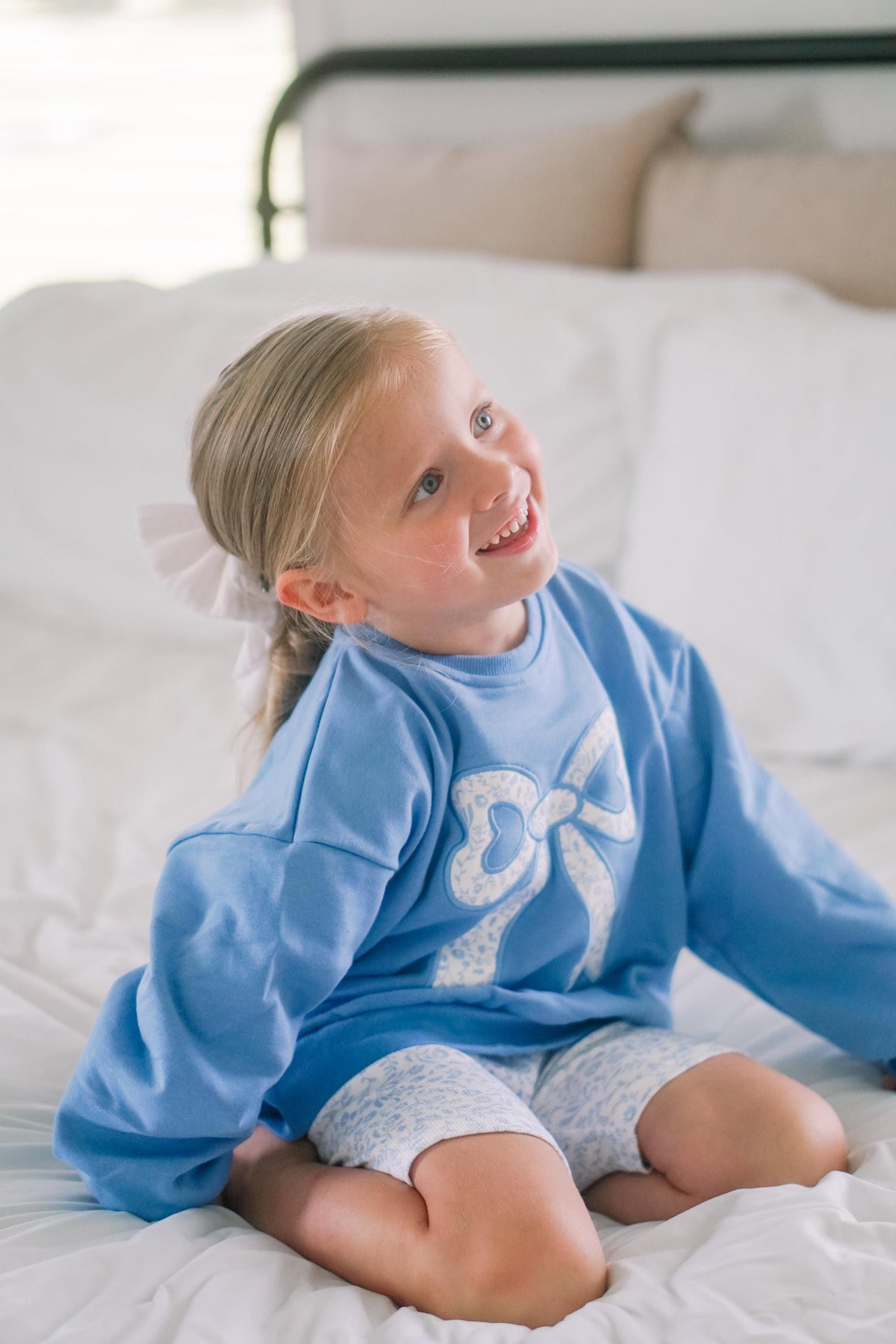 Blue Toile Applique Bow: Baby Sweatshirt Romper or Crewneck